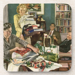 Vintage Weihnachten, glückliche Familie beim Gesch Untersetzer