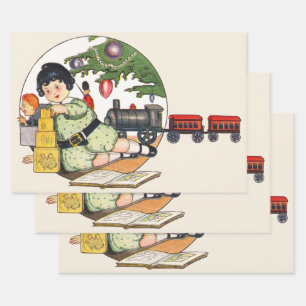 Vintage Weihnachten, Glücklicher Junge spielt mit  Geschenkpapier Set