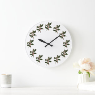 Vintage Weihnachten, grüne Stechpalmenpflanze mit  Große Wanduhr