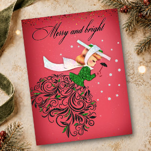 Vintage-Weihnachten grüner Glitter-Schal Mädchen Postkarte