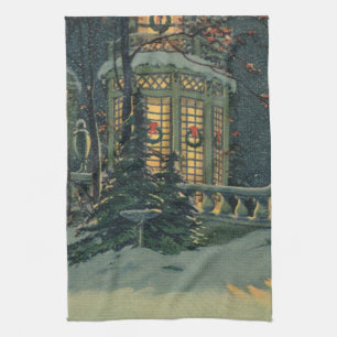 Vintage Weihnachten, Haus mit Kränzen in den Fenst Geschirrtuch