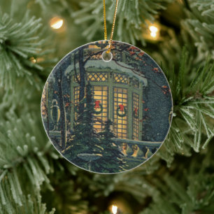 Vintage Weihnachten, Haus mit Kränzen in Fenstern Keramikornament