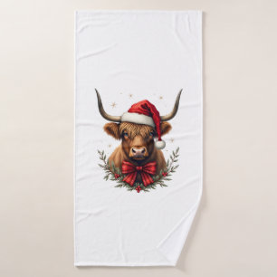 Vintage Weihnachten Highland-Kuh in Santa-Hut Rust Badehandtuch