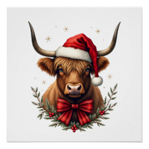 Vintage Weihnachten Highland-Kuh in Santa-Hut Rust Poster