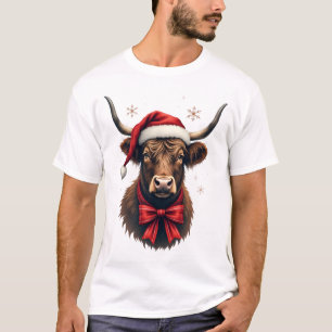 Vintage-Weihnachten Highland-Kuh in Santa-Hut Rust T-Shirt