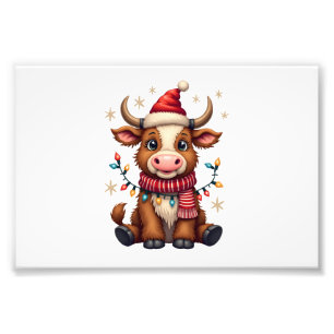 Vintage-Weihnachten Highland-Kuh in Santa-Hut Süße Fotodruck