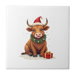 Vintage-Weihnachten Highland-Kuh mit Geschenken Ni Fliese