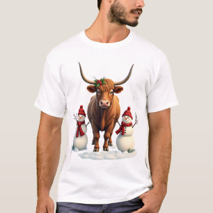 Vintage-Weihnachten Highland-Kuh mit Schneemännern T-Shirt