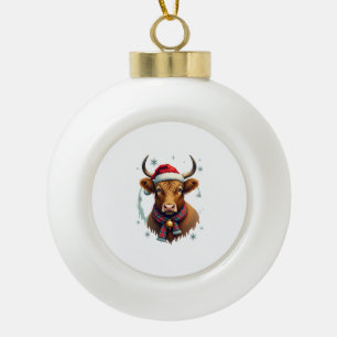 Vintage-Weihnachten Highland-Kuh-Santa-Hut Bunt Keramik Kugel-Ornament