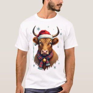Vintage-Weihnachten Highland-Kuh-Santa-Hut Bunt T-Shirt