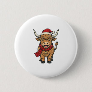 Vintage-Weihnachten Highland-Kuh-Santa-Hut-Vektor_ Button