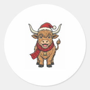 Vintage-Weihnachten Highland-Kuh-Santa-Hut-Vektor_ Runder Aufkleber