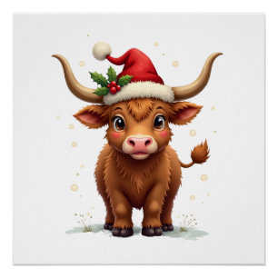 Vintage-Weihnachten Highland-Kuh Süße Feiertags-Ba Poster