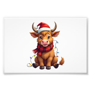 Vintage Weihnachten Highland-Kuh Süße Feiertags-Ve Fotodruck