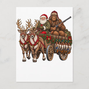 Vintage-Weihnachten-Jagd-Santa-Bigfoot-Ente Feiertagspostkarte