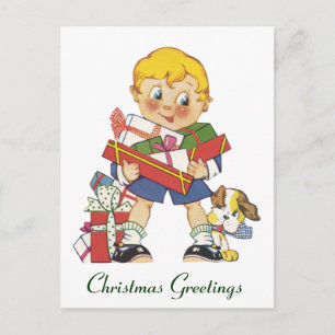 Vintage Weihnachten, Junge mit Geschenken und Welp Feiertagspostkarte