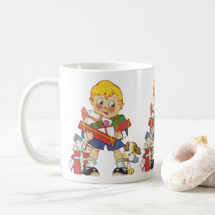Vintage Weihnachten, Junge mit Geschenken und Welp Kaffeetasse
