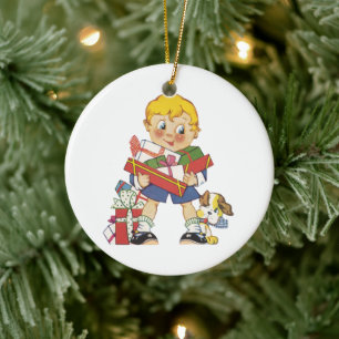 Vintage Weihnachten, Junge mit Geschenken und Welp Keramik Ornament