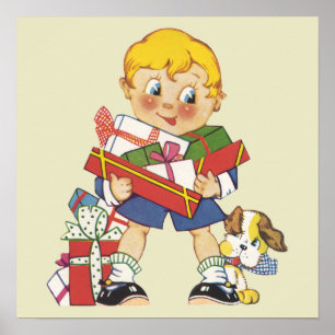 Vintage Weihnachten, Junge mit Geschenken und Welp Poster