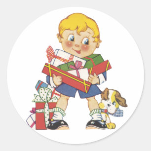 Vintage Weihnachten, Junge mit Geschenken und Welp Runder Aufkleber