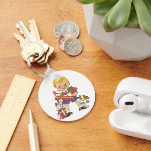 Vintage Weihnachten, Junge mit Geschenken und Welp Schlüsselanhänger