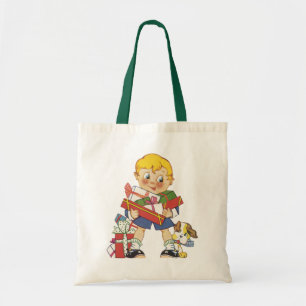 Vintage Weihnachten, Junge mit Geschenken und Welp Tragetasche