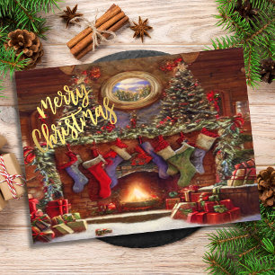 Vintage-Weihnachten-Kamin mit Strümpfen Feiertagspostkarte