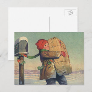 Vintage Weihnachten, Kind mit großem Paket Feiertagspostkarte