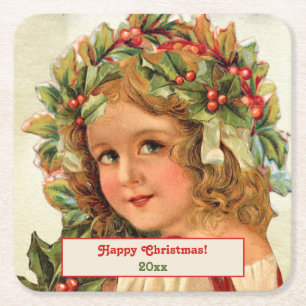 Vintage Weihnachten Kind Stechpalmenblätter in ihr Rechteckiger Pappuntersetzer