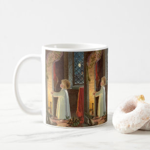 Vintage Weihnachten, Kind wärmt sich am Kaminfeuer Kaffeetasse