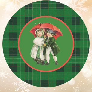 Vintage-Weihnachten-Kinder auf grünem Karo Runder Aufkleber