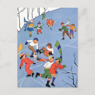 Vintage Weihnachten, Kinder beim Eislaufen auf ein Feiertagspostkarte