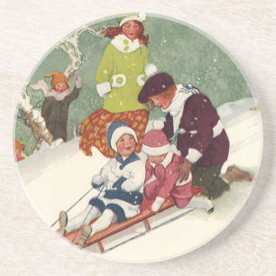 Vintage Weihnachten, Kinder rodeln im Schnee Getränkeuntersetzer