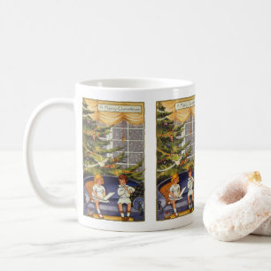 Vintage Weihnachten, Kinder sitzen auf einem Sofa Kaffeetasse