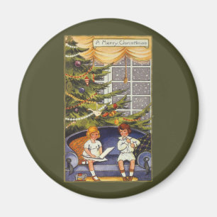 Vintage Weihnachten, Kinder sitzen auf einem Sofa Magnet