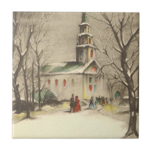 Vintage Weihnachten, Kirche in der Winterlandschaf Fliese