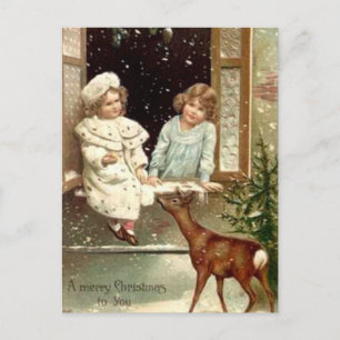 Vintage Weihnachten: Kleine Mädchen füttern Hirsch Feiertagspostkarte