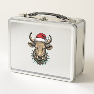 Vintage-Weihnachten-Kuh-Santa-Hut-Feiertags-Shirt_ Metall Brotdose