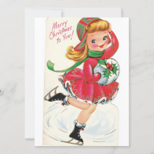Vintage-Weihnachten-Mädchen-Figuren-Eislauf Feiertagskarte