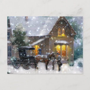 Vintage-Weihnachten-Pferdekutsche-Winterszene Feiertagspostkarte