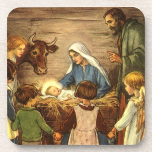 Vintage Weihnachten, religiöse Geburt mit Baby Jes Getränkeuntersetzer