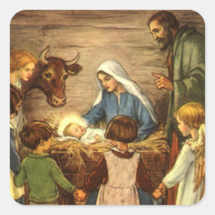 Vintage Weihnachten, religiöse Geburt mit Baby Jes Quadratischer Aufkleber