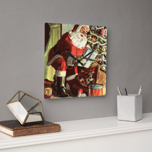 Vintage Weihnachten, Retro Weihnachtsmann mit Gesc Quadratische Wanduhr