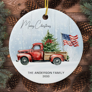 Vintage-Weihnachten-Rot-LKW-USA-Flagge-patriotisch Keramik Ornament