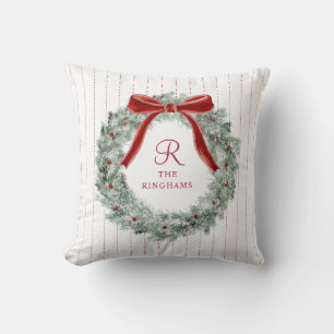 Vintage-Weihnachten-Rot-Schleife-Kranz-Monogramm Kissen