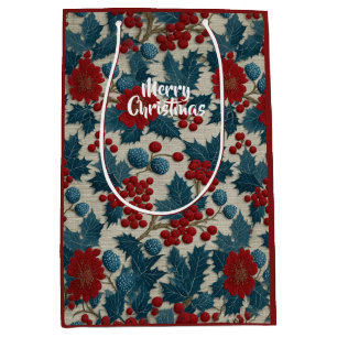 Vintage-Weihnachten Rote Beere Botanische Leinen Mittlere Geschenktüte