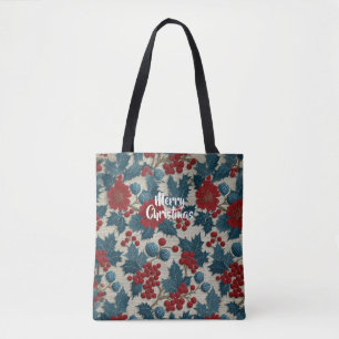 Vintage-Weihnachten Rote Beere Botanische Leinen Tasche