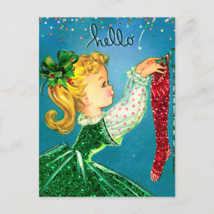 Vintage-Weihnachten rote Socken Glitter Mädchen Mo Postkarte