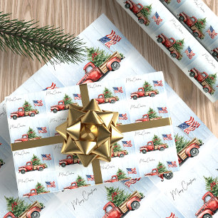 Vintage-Weihnachten-Roter-LKW-Patriotische-USA-Fla Geschenkpapier