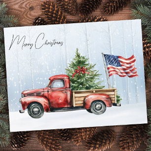 Vintage-Weihnachten-Roter-LKW-Patriotische-USA-Fla Postkarte
